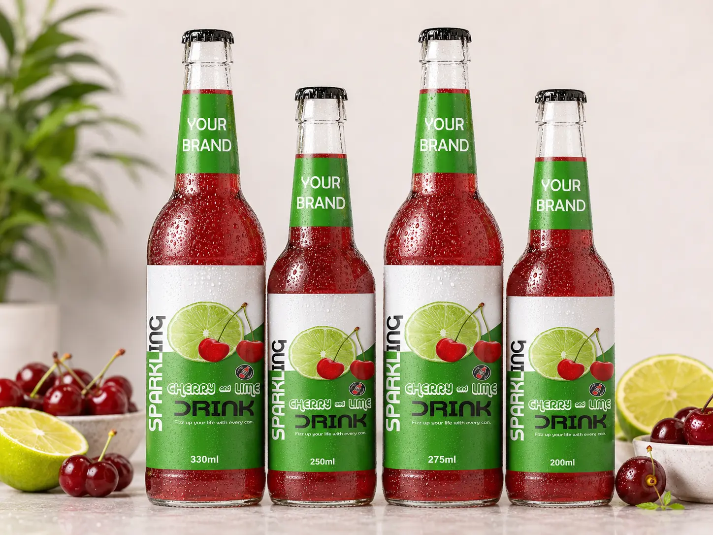SPARKLING DRINK Cherry and Lime Flavored Drink in 330ml, 250ml, 275ml, and 200ml glass bottles.